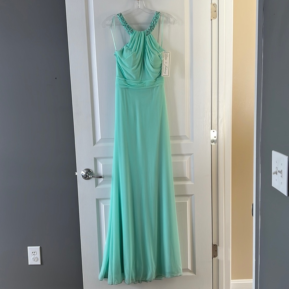 Brand new never worn or altered.  Beaded neckline and back straps, plunging back